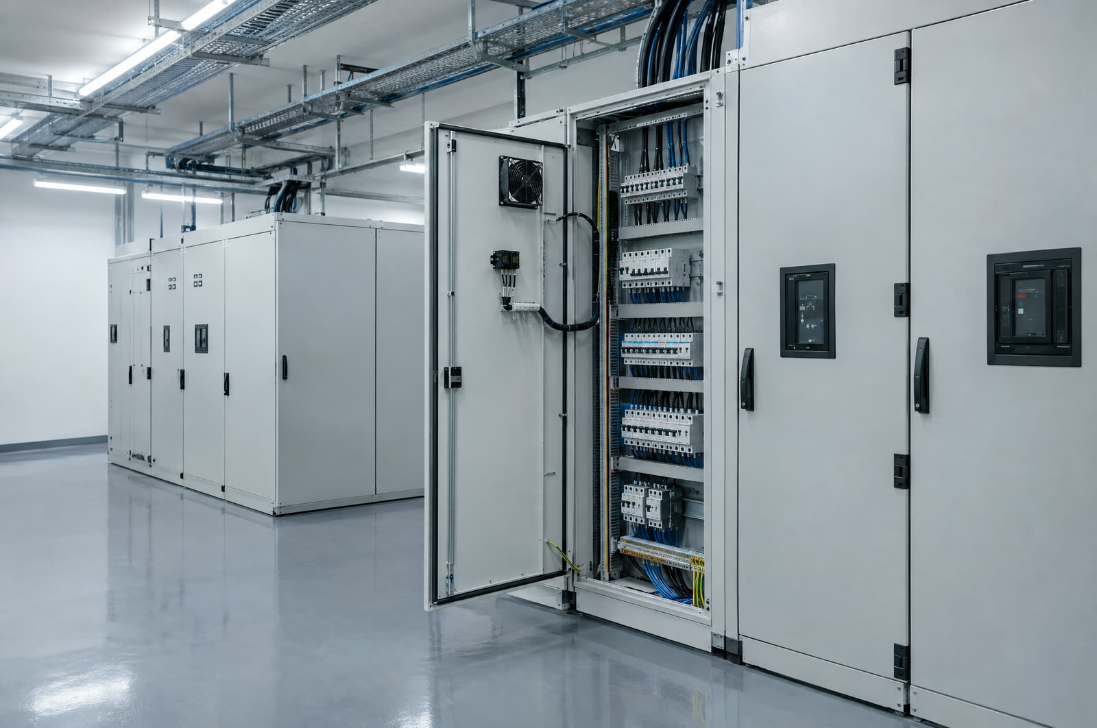 Rendezett elektromos kapcsolószekrények és kábeltálcák egy villamos helyiségben
